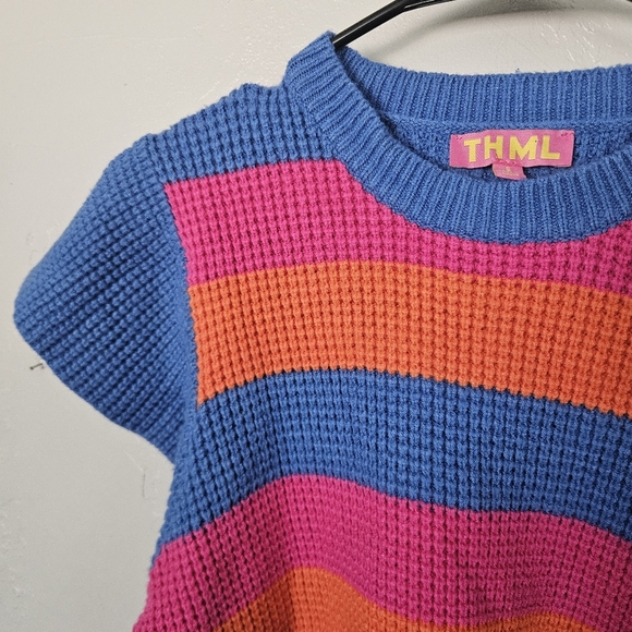 THML Women's Small Colorful Striped Knit Sweater Short Sleeve Blue Pink Orange - Picture 3 of 5